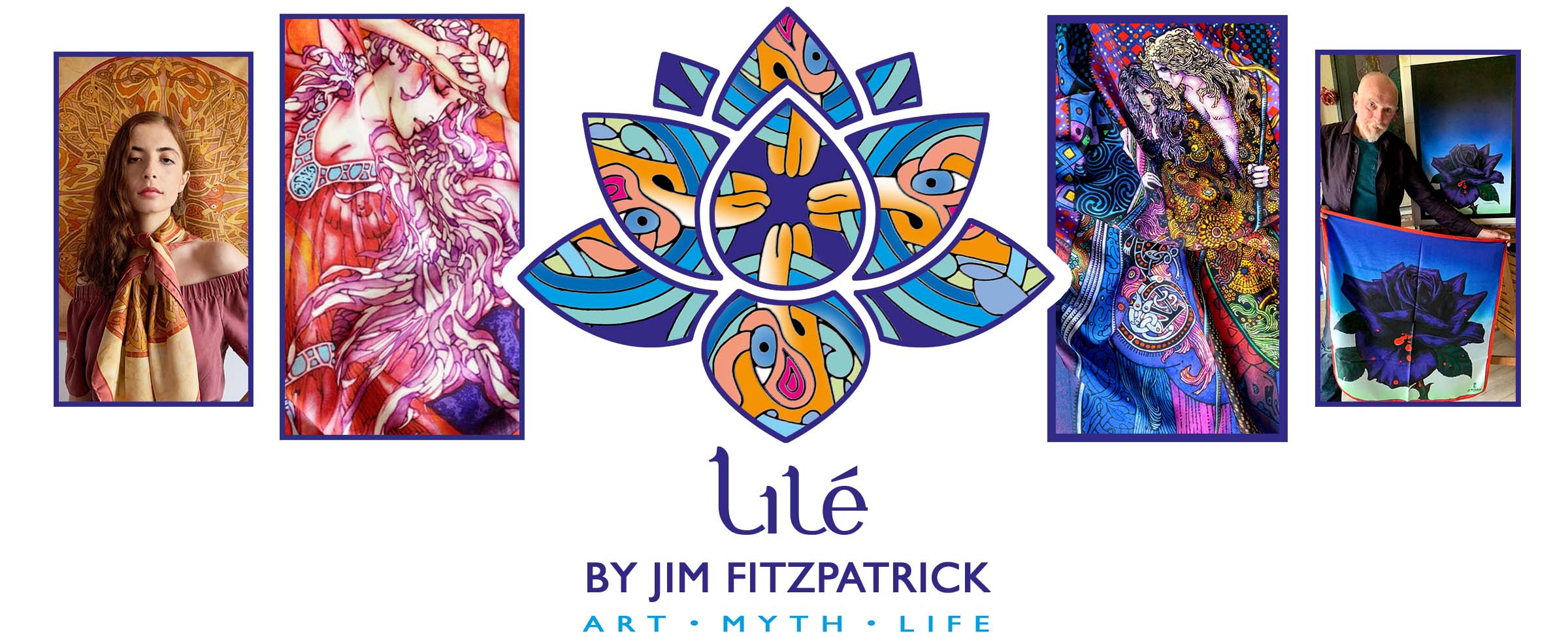 New Silk Scarves from Jim FitzPatrick. The new brand from Jim FitzPatrick. I am proud to present my new and exclusive collection of luxurious silk scarves, which you will only find here on my website. My art has been adapted by my daughter Suzanne and the name Lilé is inspired by my mother Lily, who was a strong woman of style & substance and had a hugely positive influence on me. It is a dream come true to see my Celtic art of myths and Irish legends and one of my favourite album covers; Black Rose, finally transformed into luminous and vibrant silk scarves, which are made by a small company in Como, Italy.